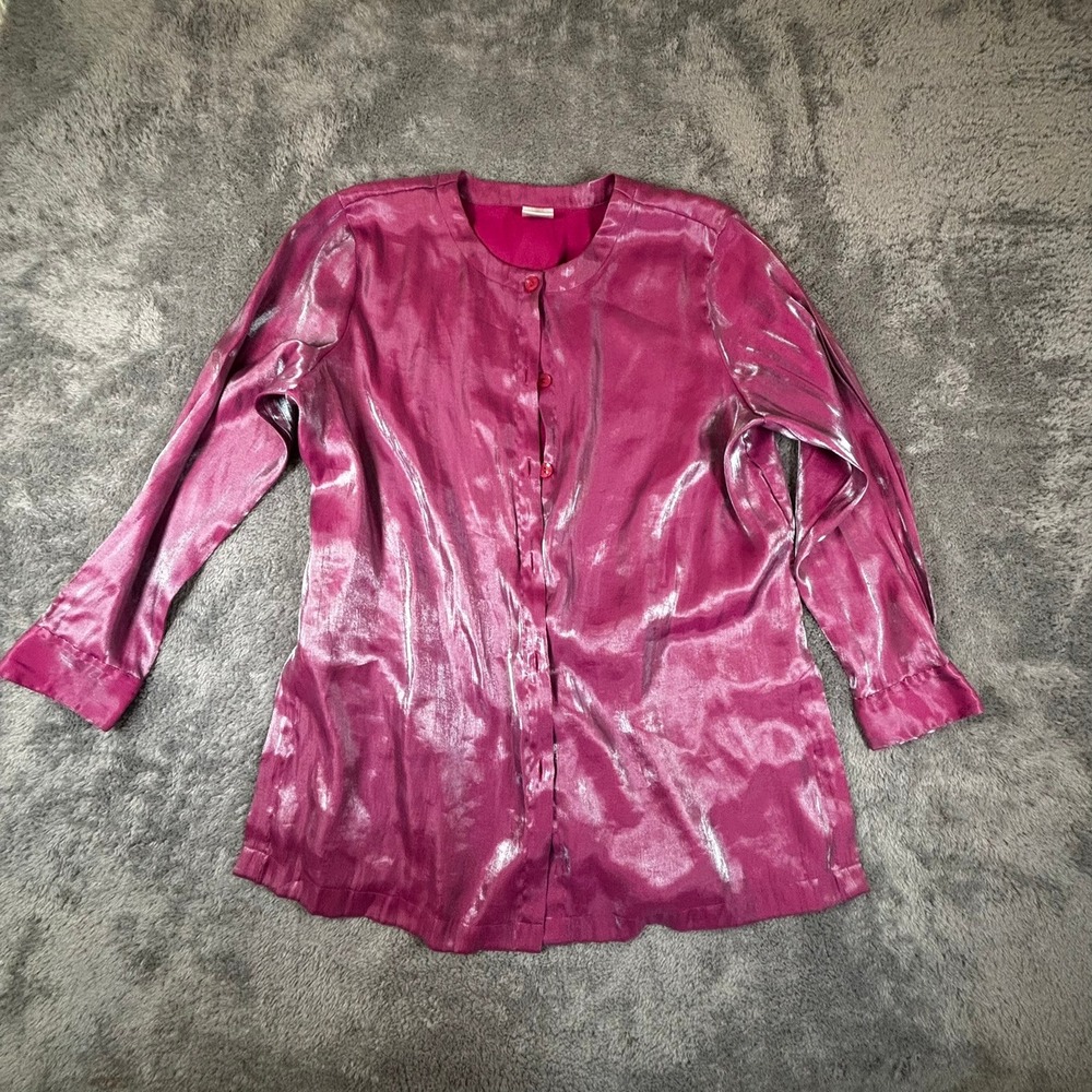 Avon Magenta Pink Metallic Shimmer Button Down Blouse Top Plus 1X Long Sleeve